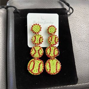 Softball Green Seed Beads & Red Rhinestones Drop Dangle Stud Earrings.